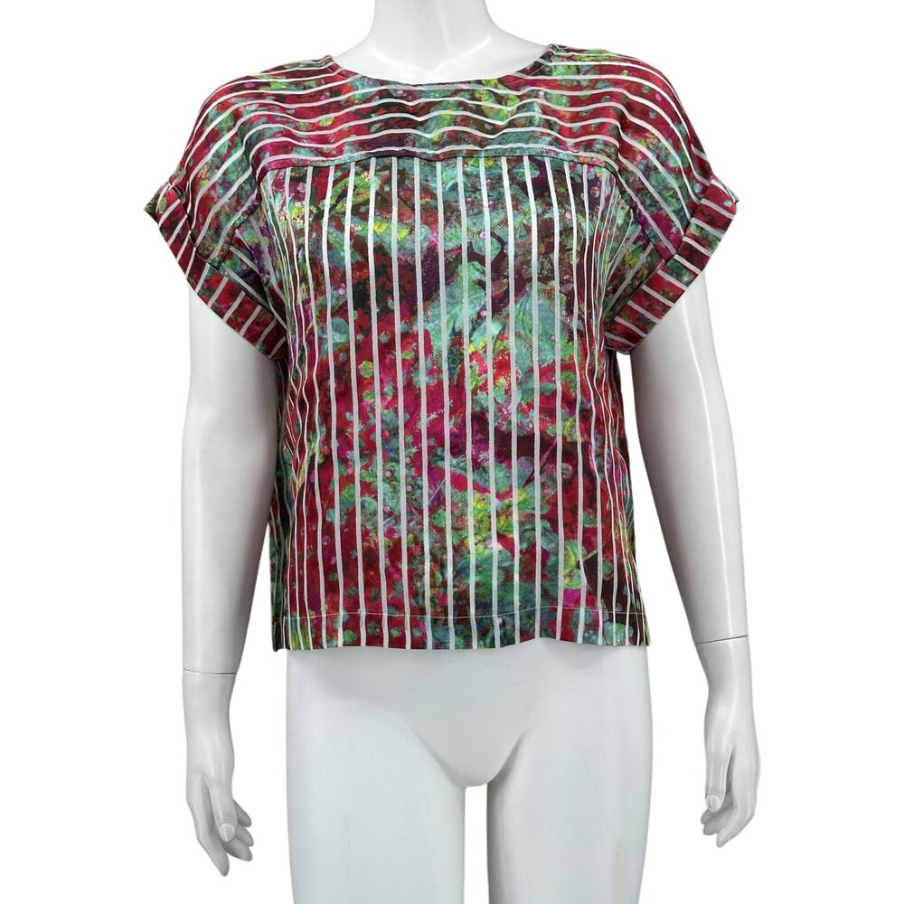 Soft Surroundings Top Womens Small Red Pink Multi Abstract‎ Watercolor Pleats